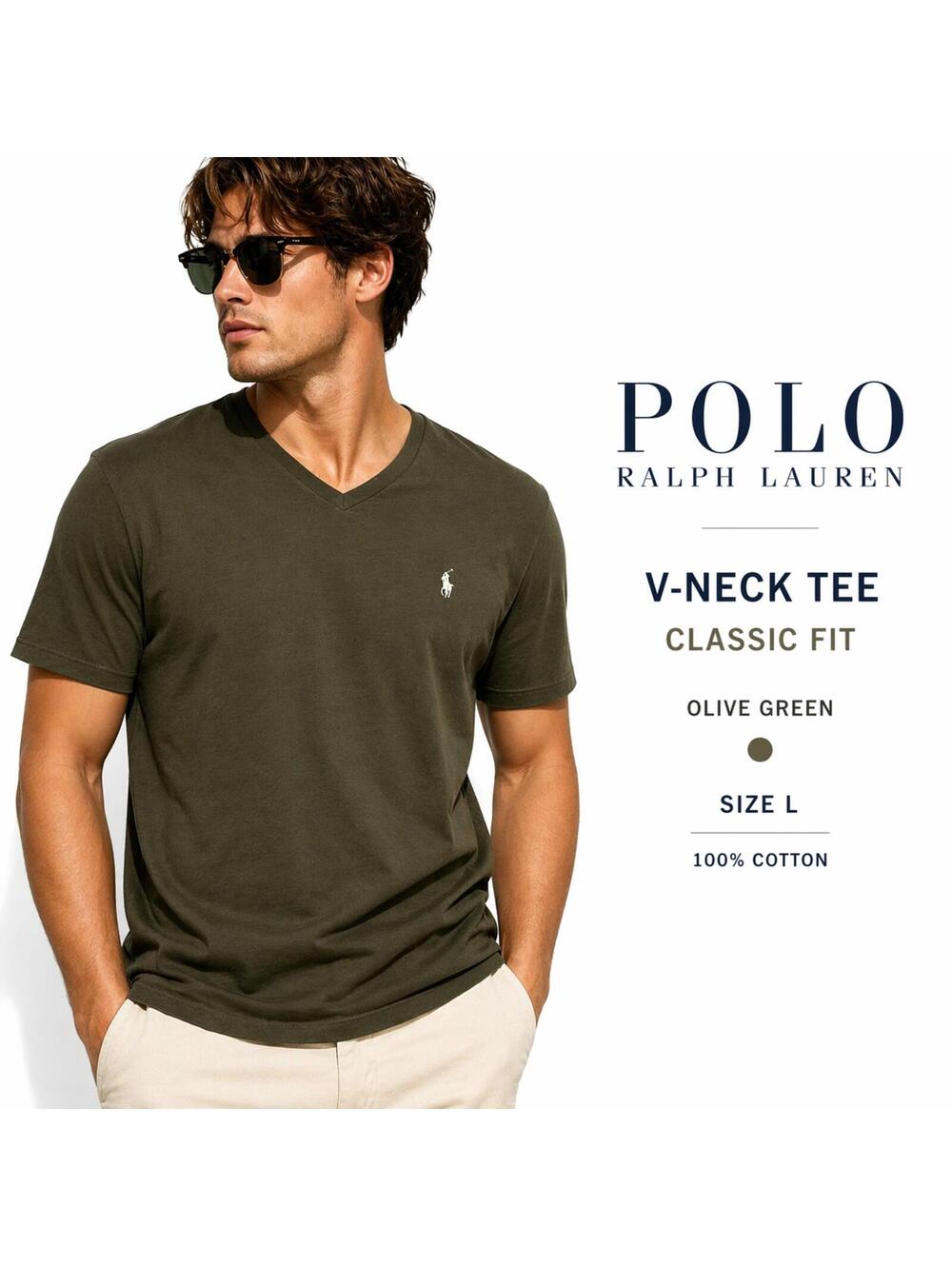 Polo Ralph Lauren Olive Green V-Neck Tee - Classic Fit Cotton Shirt Size L